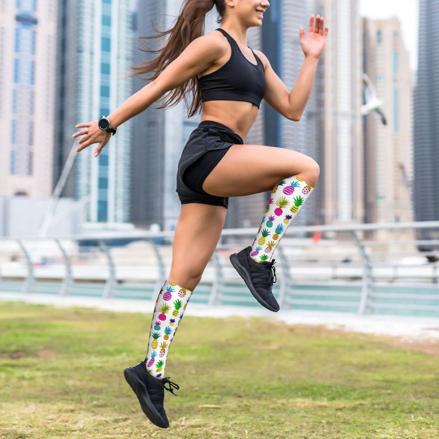 Rainbow Pineapple Print Circulation Compression Socks For Plantar Fasciitis Edema And Post Surgery