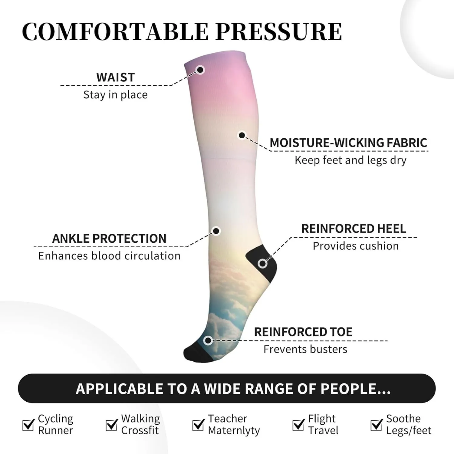Rainbow Print Circulation Compression Socks For Plantar Fasciitis Edema And Post Surgery