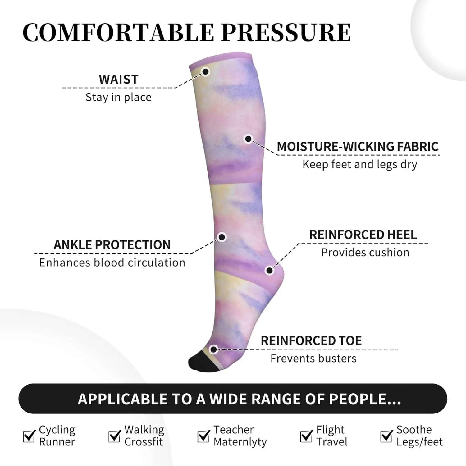 Rainbow. Print Circulation Compression Socks For Plantar Fasciitis Edema And Post Surgery