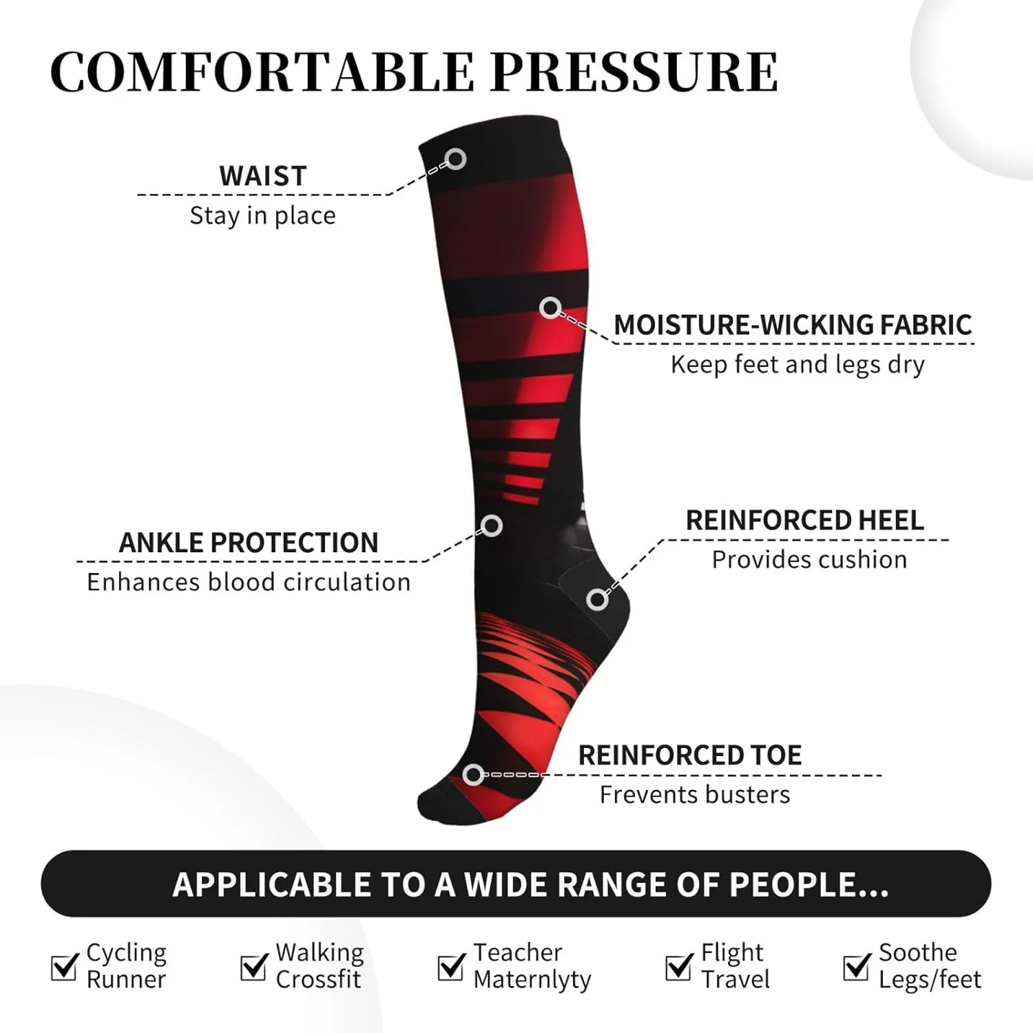 Red and black plaid Print Circulation Compression Socks For Plantar Fasciitis Edema And Post Surgery