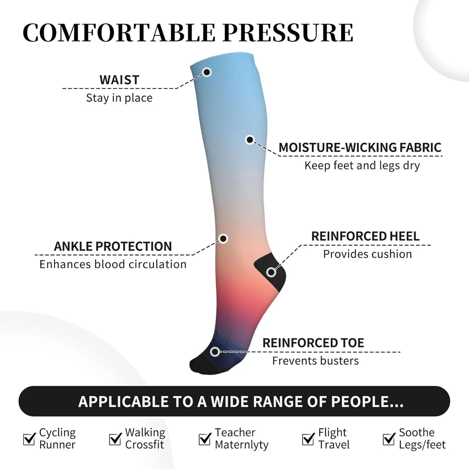 red and blue sky Print Circulation Compression Socks For Plantar Fasciitis Edema And Post Surgery