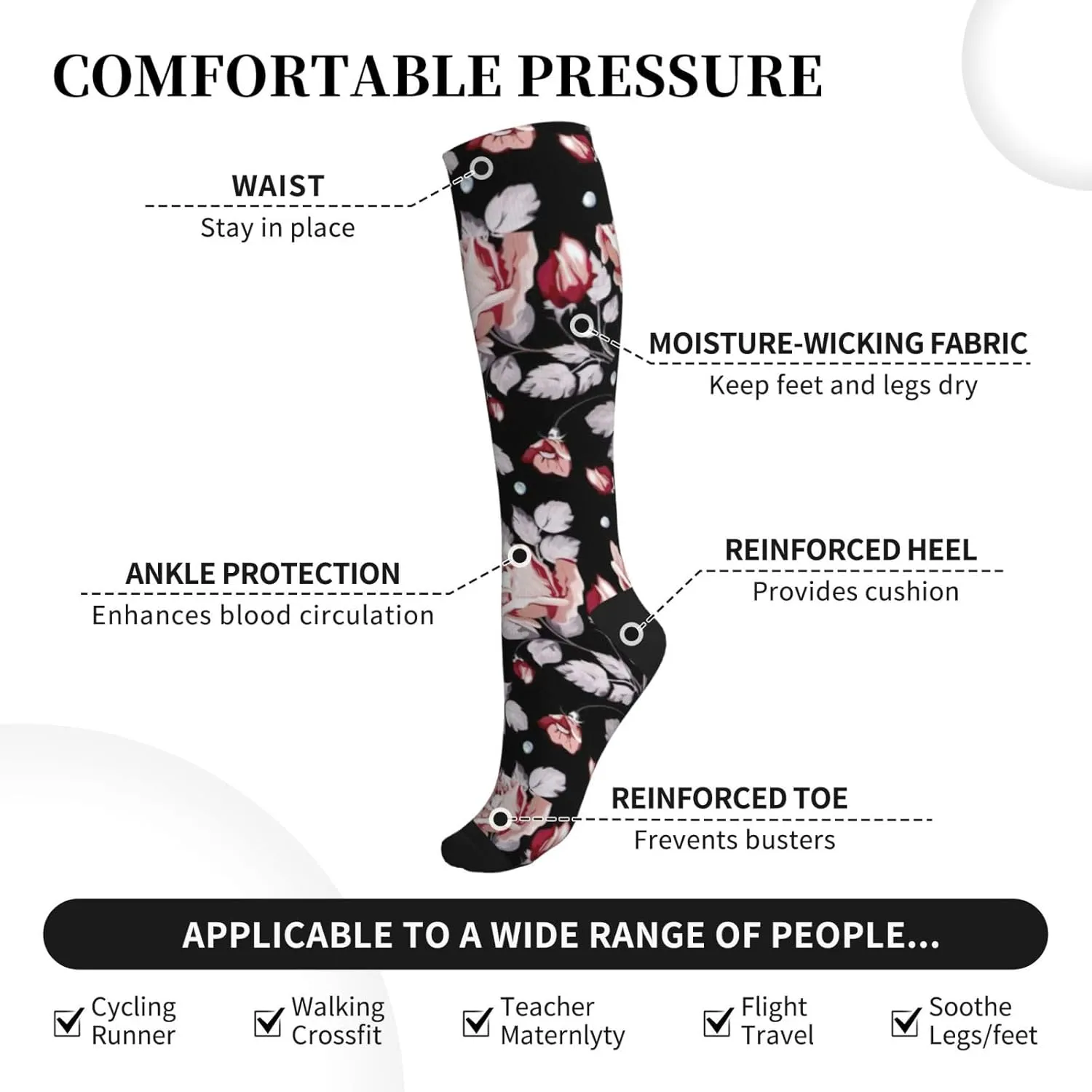 Red flower Print Circulation Compression Socks For Plantar Fasciitis Edema And Post Surgery