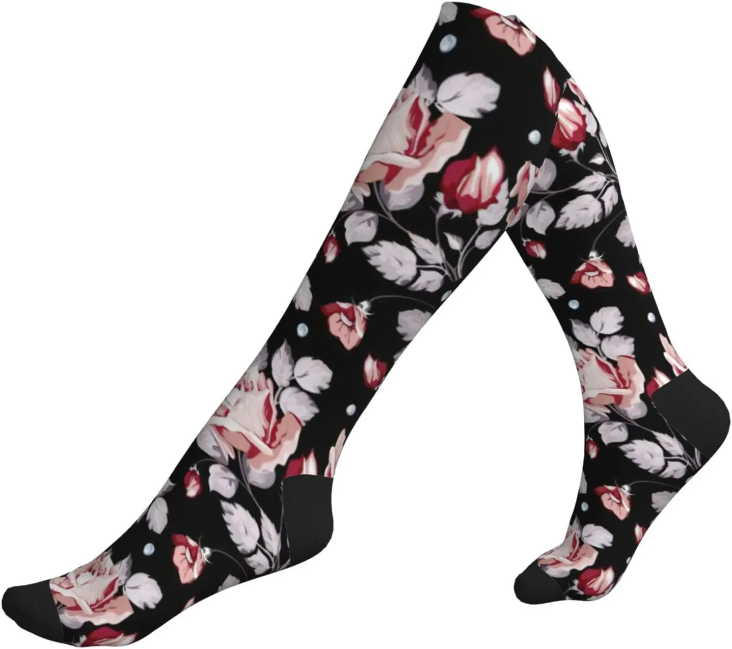 Red flower Print Circulation Compression Socks For Plantar Fasciitis Edema And Post Surgery