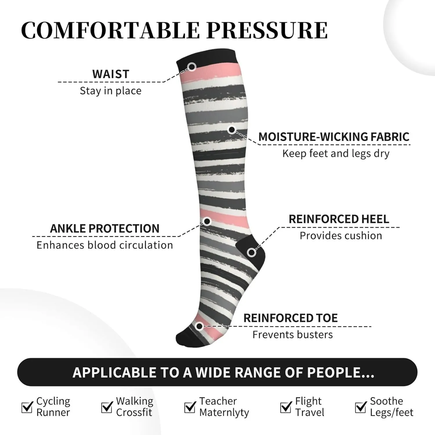 Red Light and Dark Gray Stripes Print Circulation Compression Socks For Plantar Fasciitis Edema And Post Surgery