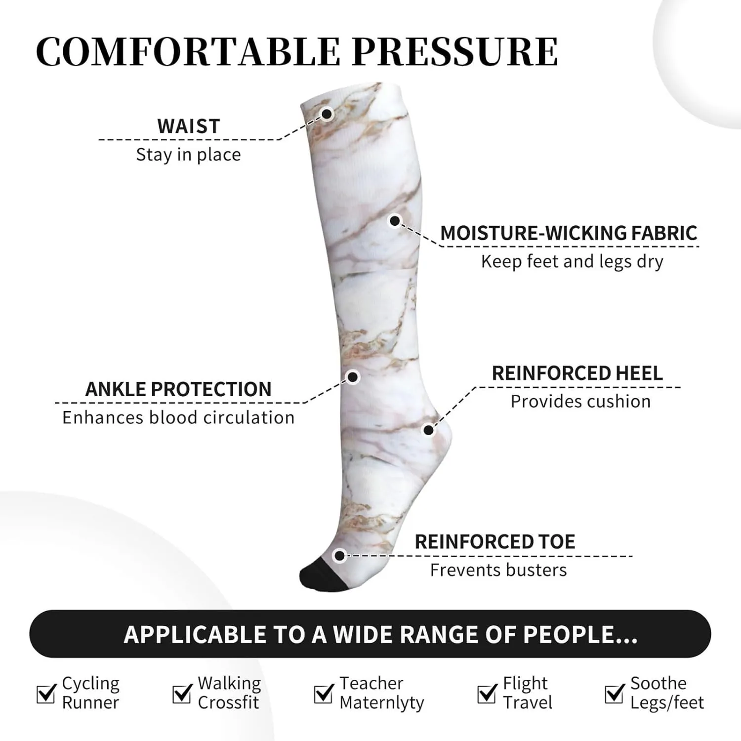 Red White Marble Pattern Print Circulation Compression Socks For Plantar Fasciitis Edema And Post Surgery