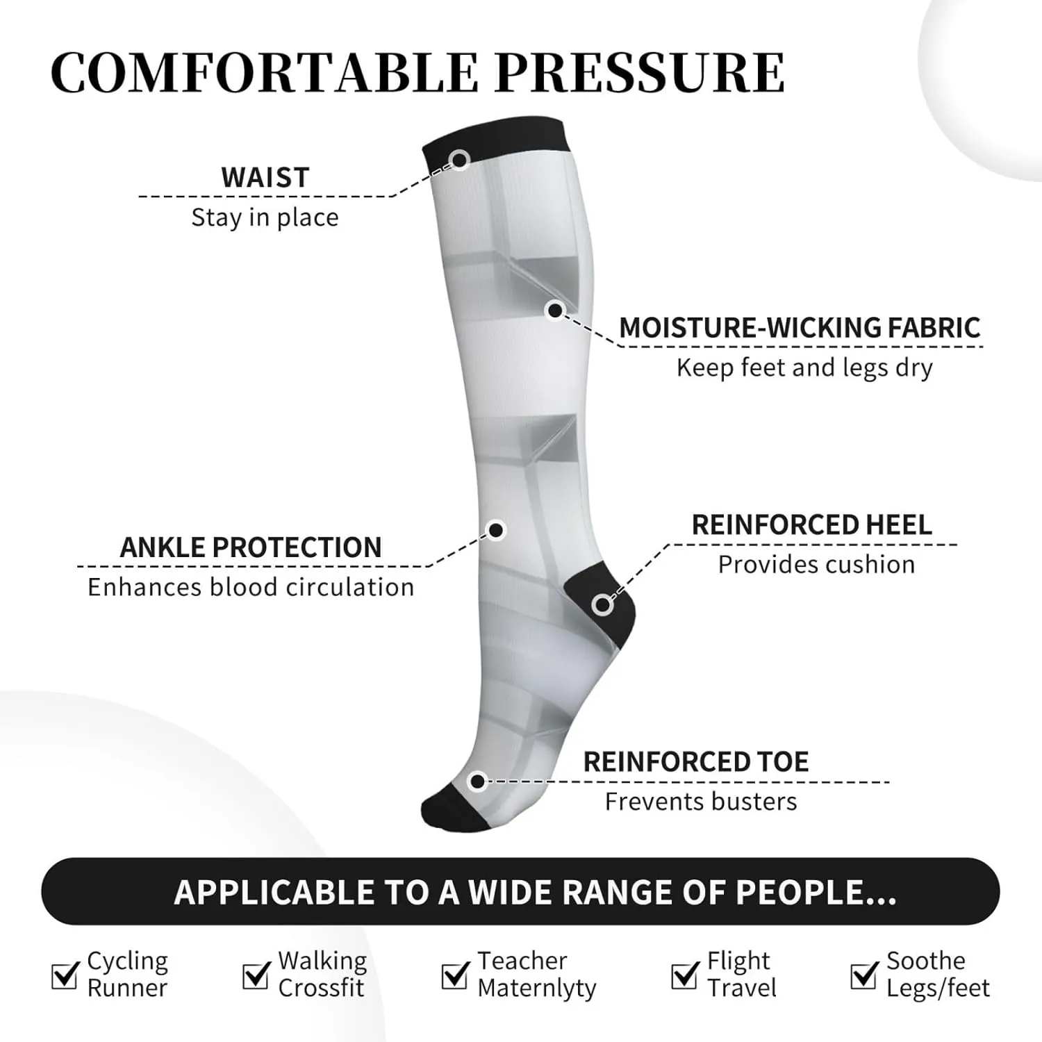 Reflective square Print Circulation Compression Socks For Plantar Fasciitis Edema And Post Surgery