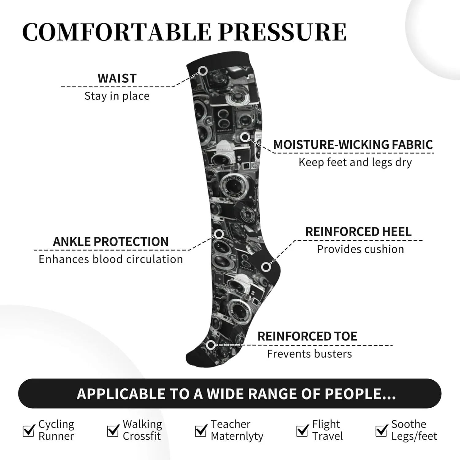 Retro Cool Camera Collection Print Circulation Compression Socks For Plantar Fasciitis Edema And Post Surgery