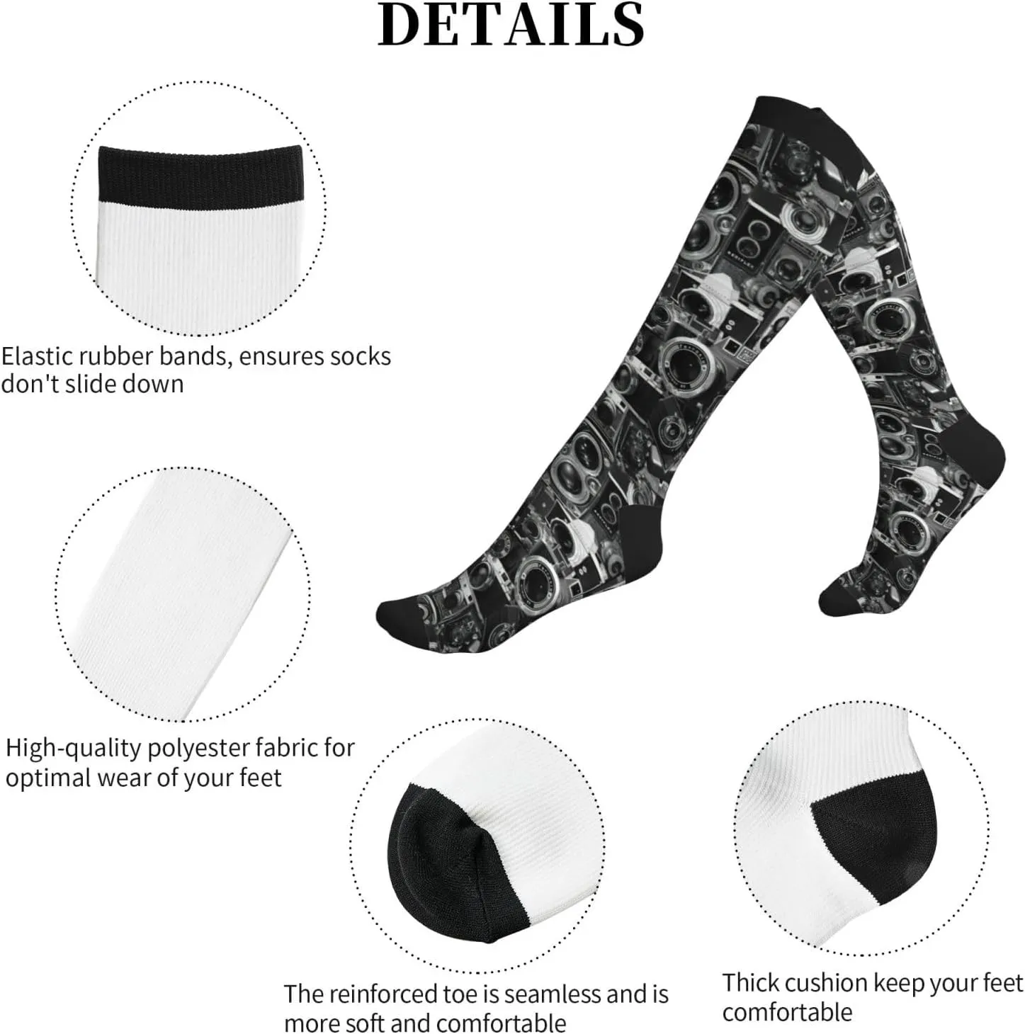 Retro Cool Camera Collection Print Circulation Compression Socks For Plantar Fasciitis Edema And Post Surgery