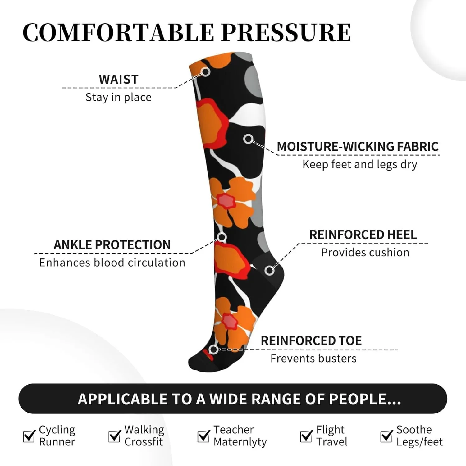 Retro Floral Pattern Print Circulation Compression Socks For Plantar Fasciitis Edema And Post Surgery