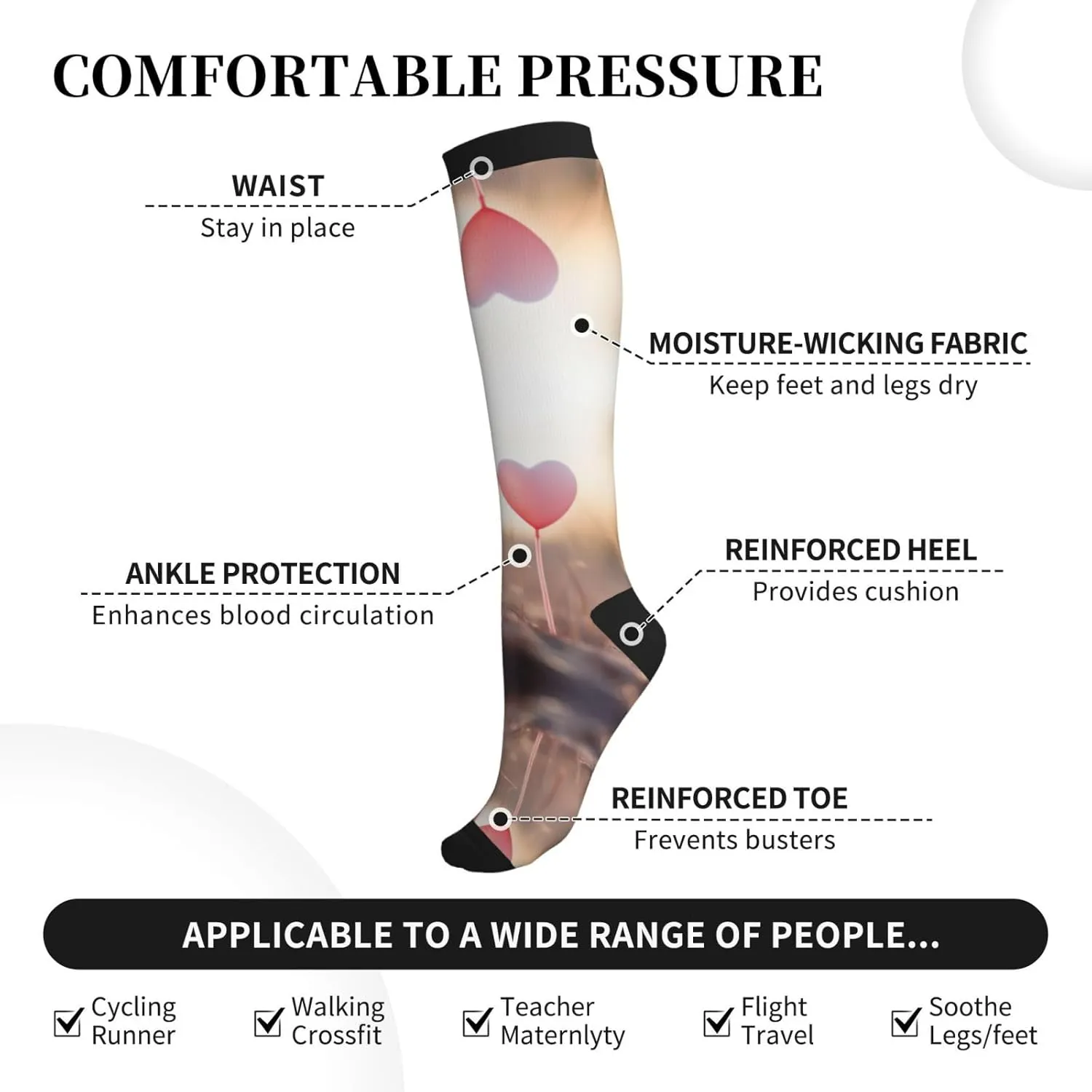 Romantic Heart Balloon Print Circulation Compression Socks For Plantar Fasciitis Edema And Post Surgery