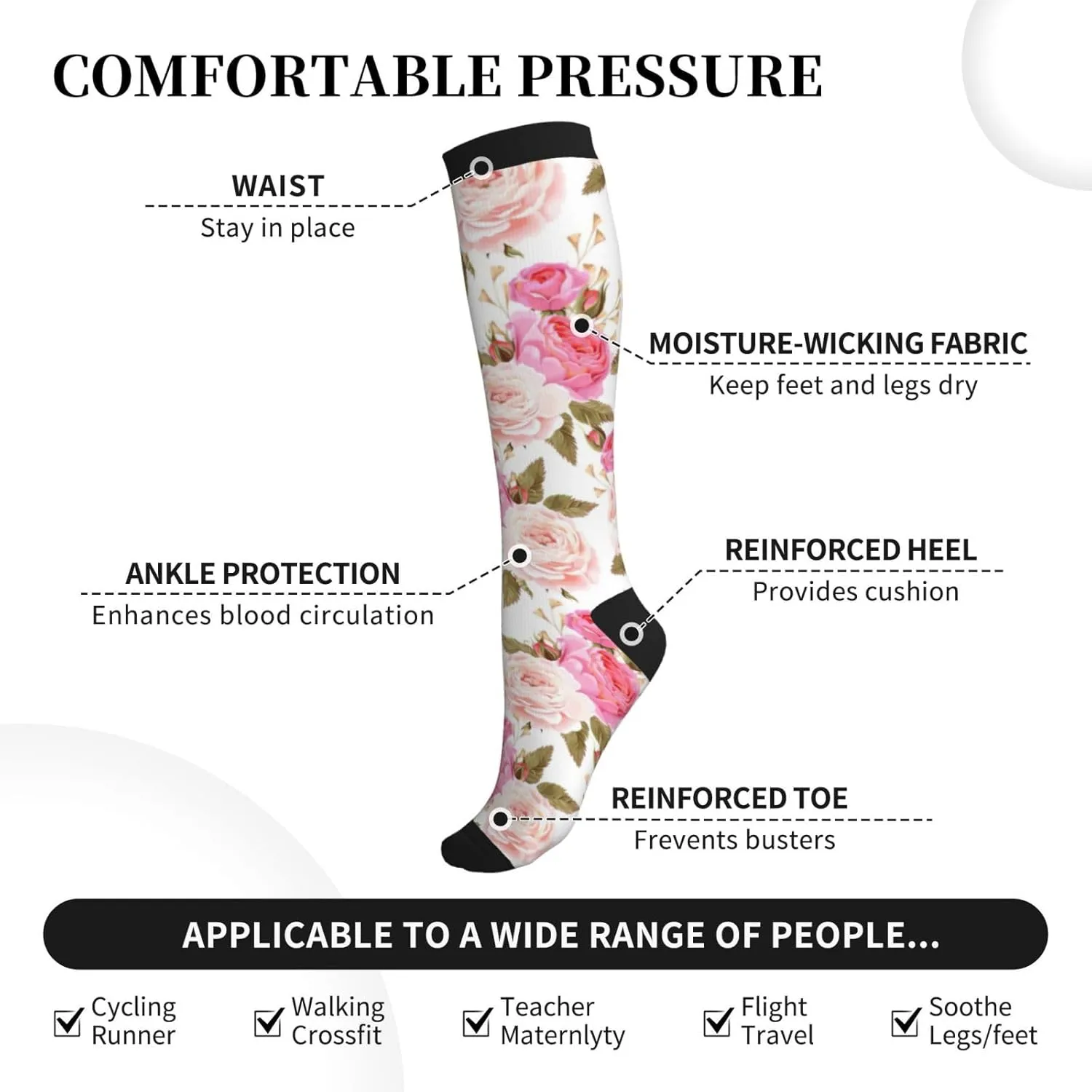 rose flower Print Circulation Compression Socks For Plantar Fasciitis Edema And Post Surgery