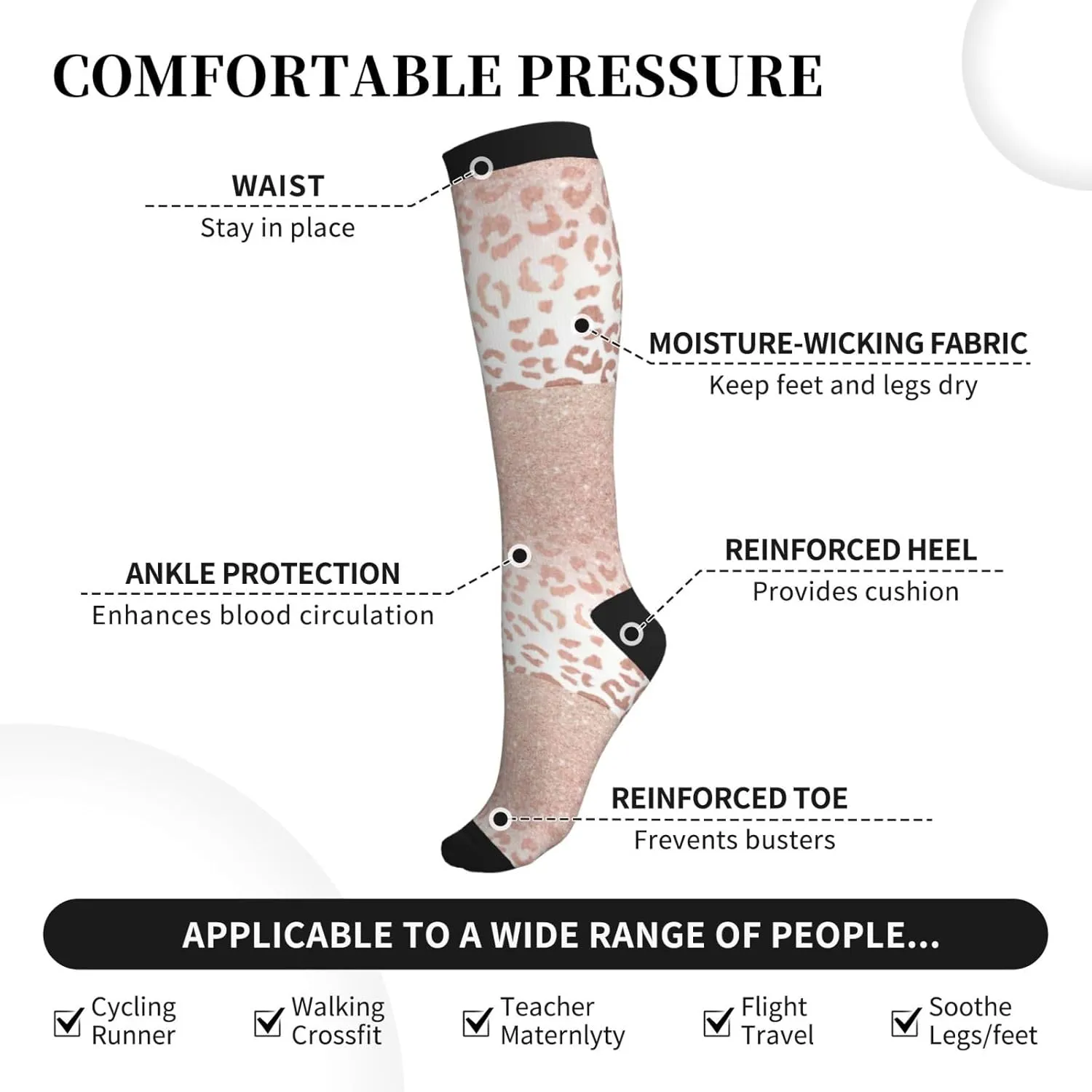 rose gold glitter Print Circulation Compression Socks For Plantar Fasciitis Edema And Post Surgery