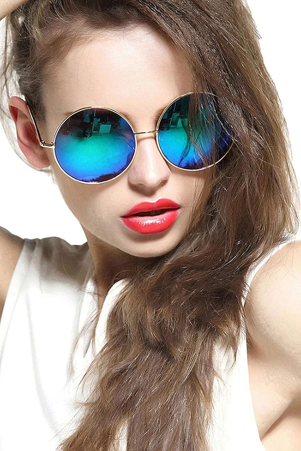 Round Sunglasses for Women Men Classic Oversized Circle Mirrored Hippie Hipster Polarized Sunglasses Metal Frame