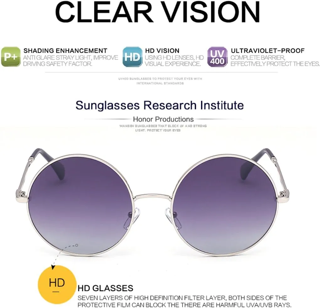 Round Sunglasses for Women Men Classic Oversized Circle Mirrored Hippie Hipster Polarized Sunglasses Metal Frame