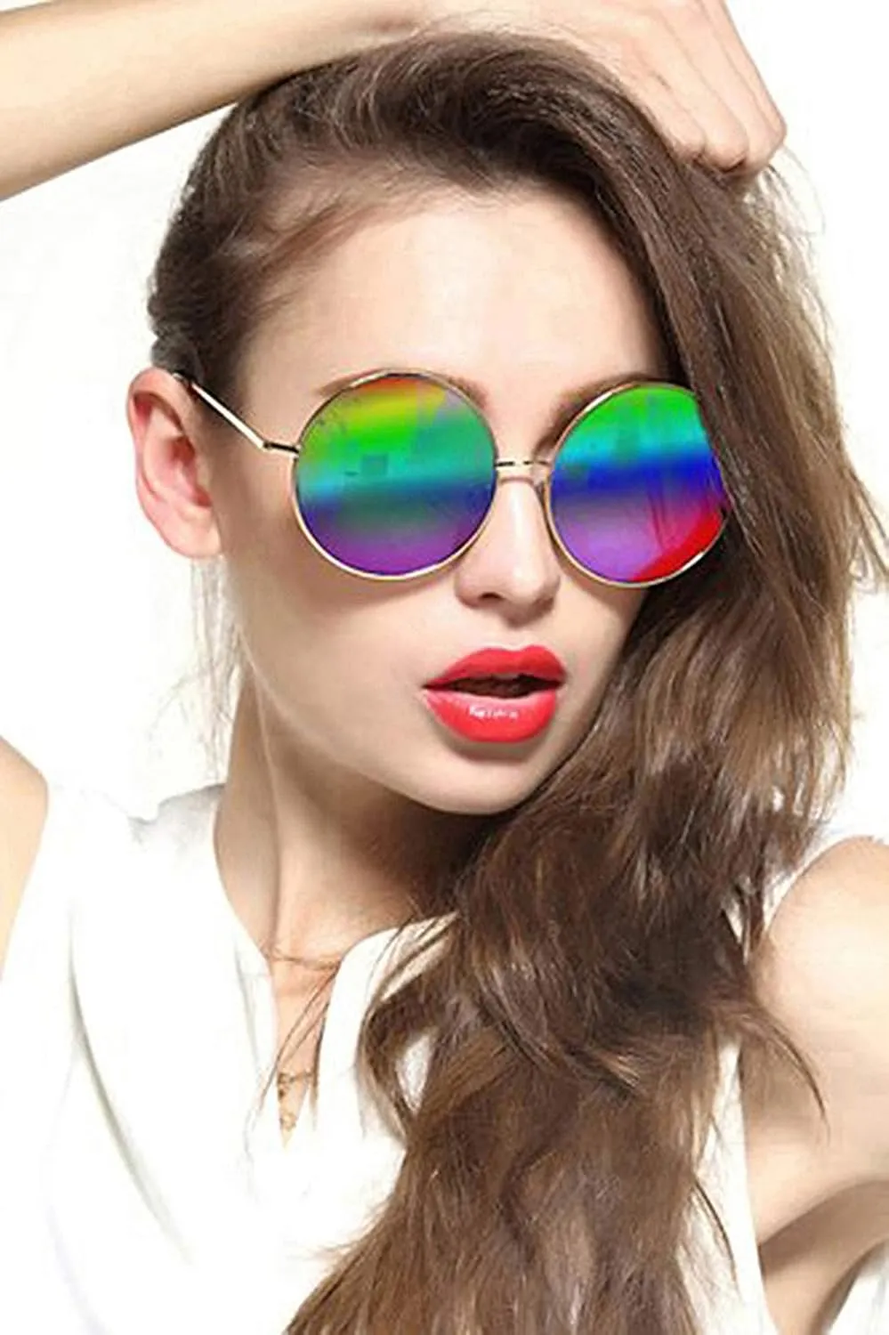 Round Sunglasses for Women Men Classic Oversized Circle Mirrored Hippie Hipster Polarized Sunglasses Metal Frame