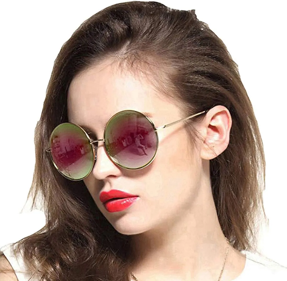 Round Sunglasses for Women Men Classic Oversized Circle Mirrored Hippie Hipster Polarized Sunglasses Metal Frame