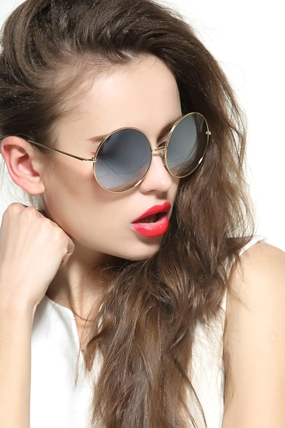 Round Sunglasses for Women Men Classic Oversized Circle Mirrored Hippie Hipster Polarized Sunglasses Metal Frame
