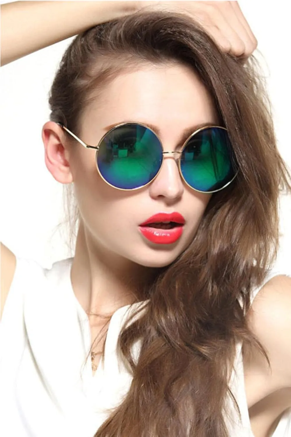 Round Sunglasses for Women Men Classic Oversized Circle Mirrored Hippie Hipster Polarized Sunglasses Metal Frame