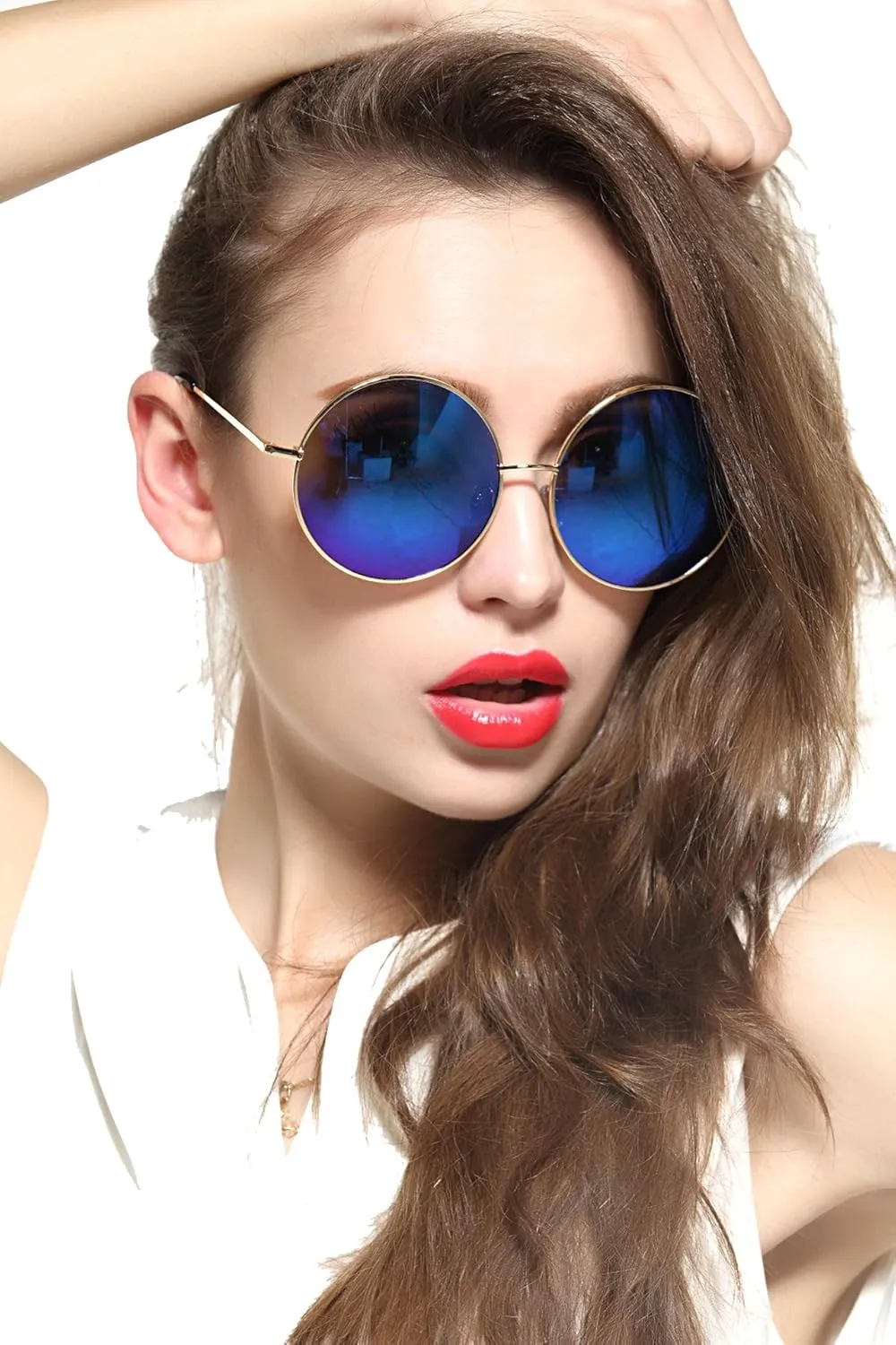 Round Sunglasses for Women Men Classic Oversized Circle Mirrored Hippie Hipster Polarized Sunglasses Metal Frame