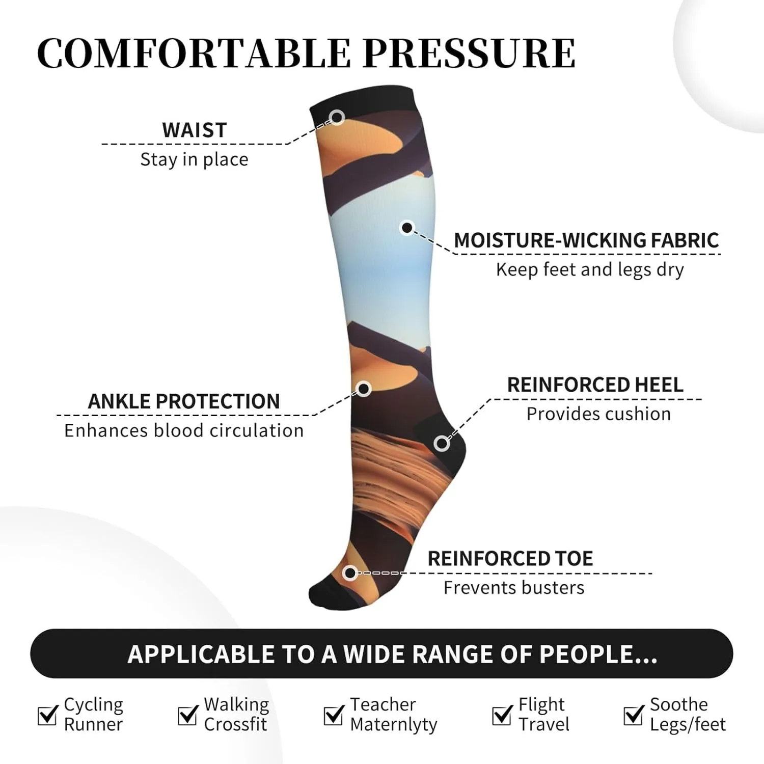 Sand Dunes Print Circulation Compression Socks For Plantar Fasciitis Edema And Post Surgery