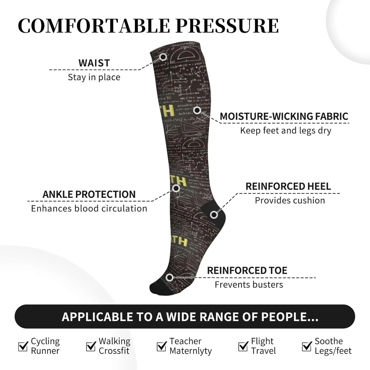 school math Print Circulation Compression Socks For Plantar Fasciitis Edema And Post Surgery
