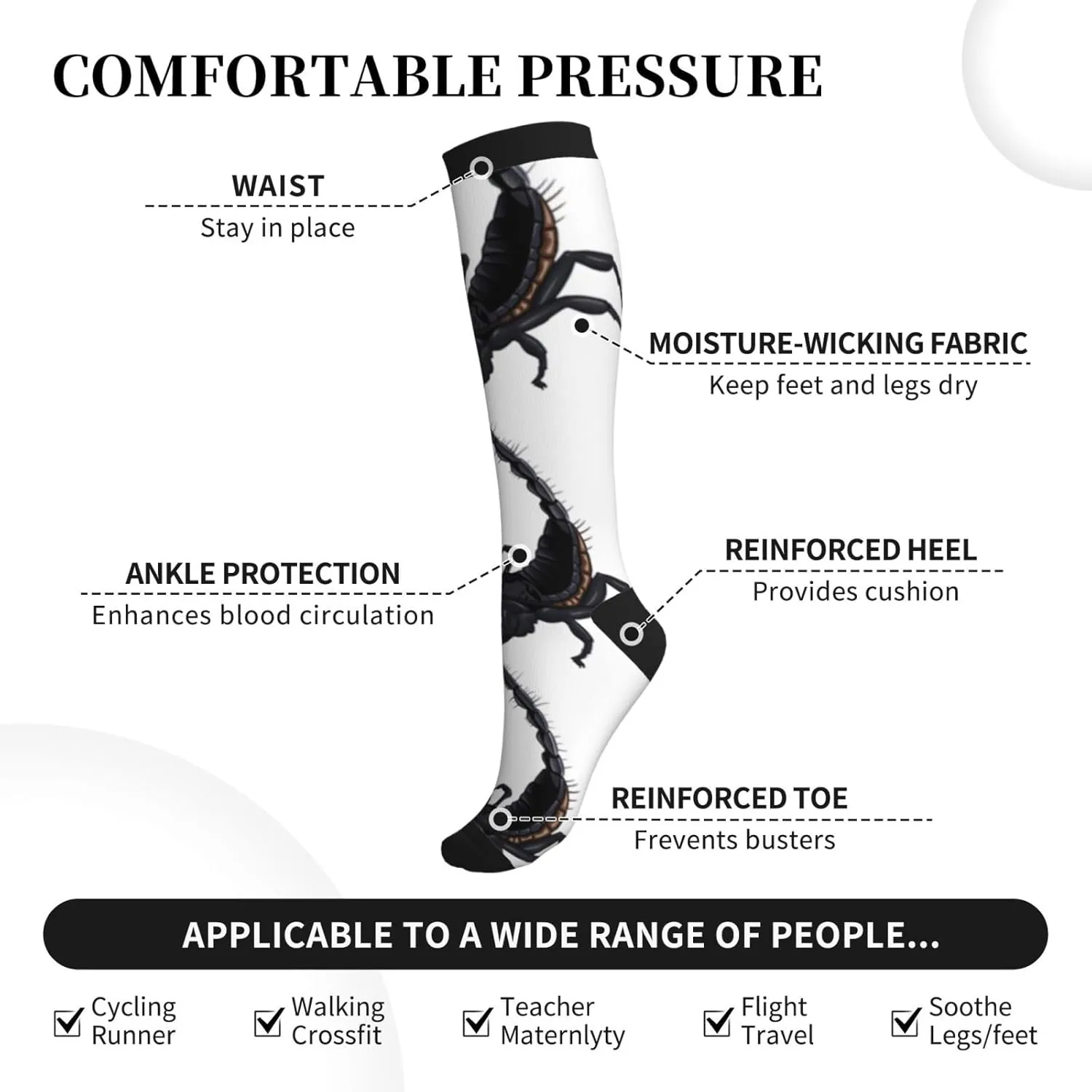 Scorpion Print Circulation Compression Socks For Plantar Fasciitis Edema And Post Surgery