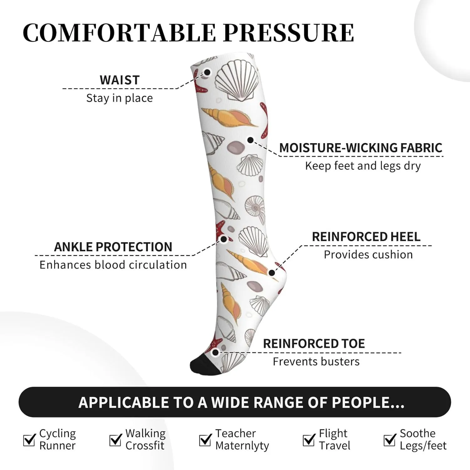 Shell Starfish Print Circulation Compression Socks For Plantar Fasciitis Edema And Post Surgery