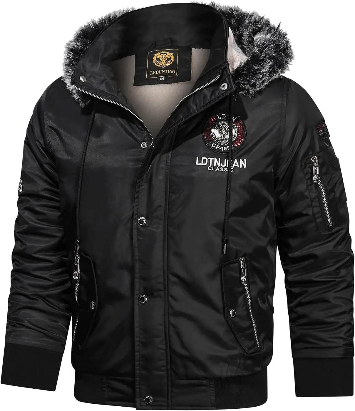 Sherpa Lined Hooded Bomber Jackets for Men Slim Fit Military Jacket with Zipper Pocket Windproof Hoodie Jacket