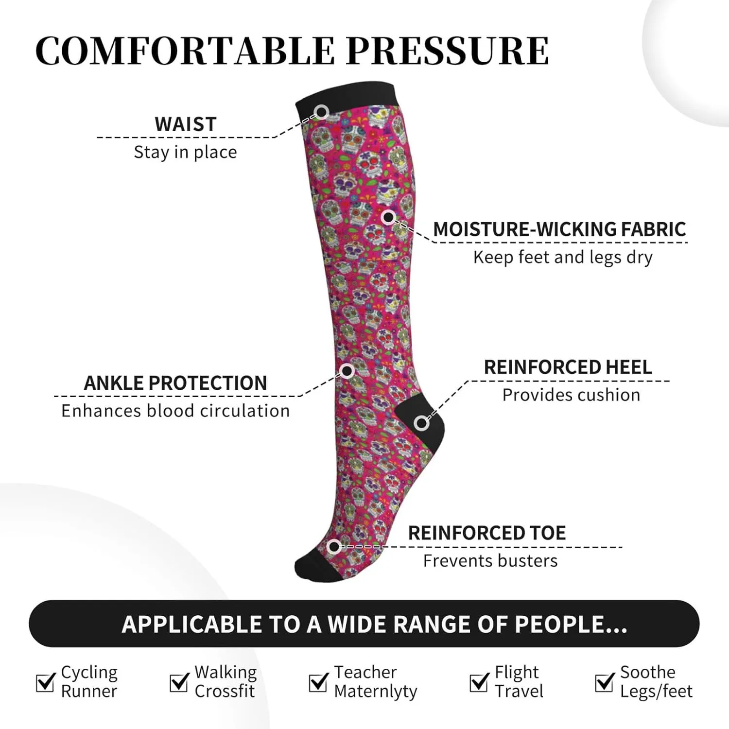 Skull and Green Leaves Print Circulation Compression Socks For Plantar Fasciitis Edema And Post Surgery