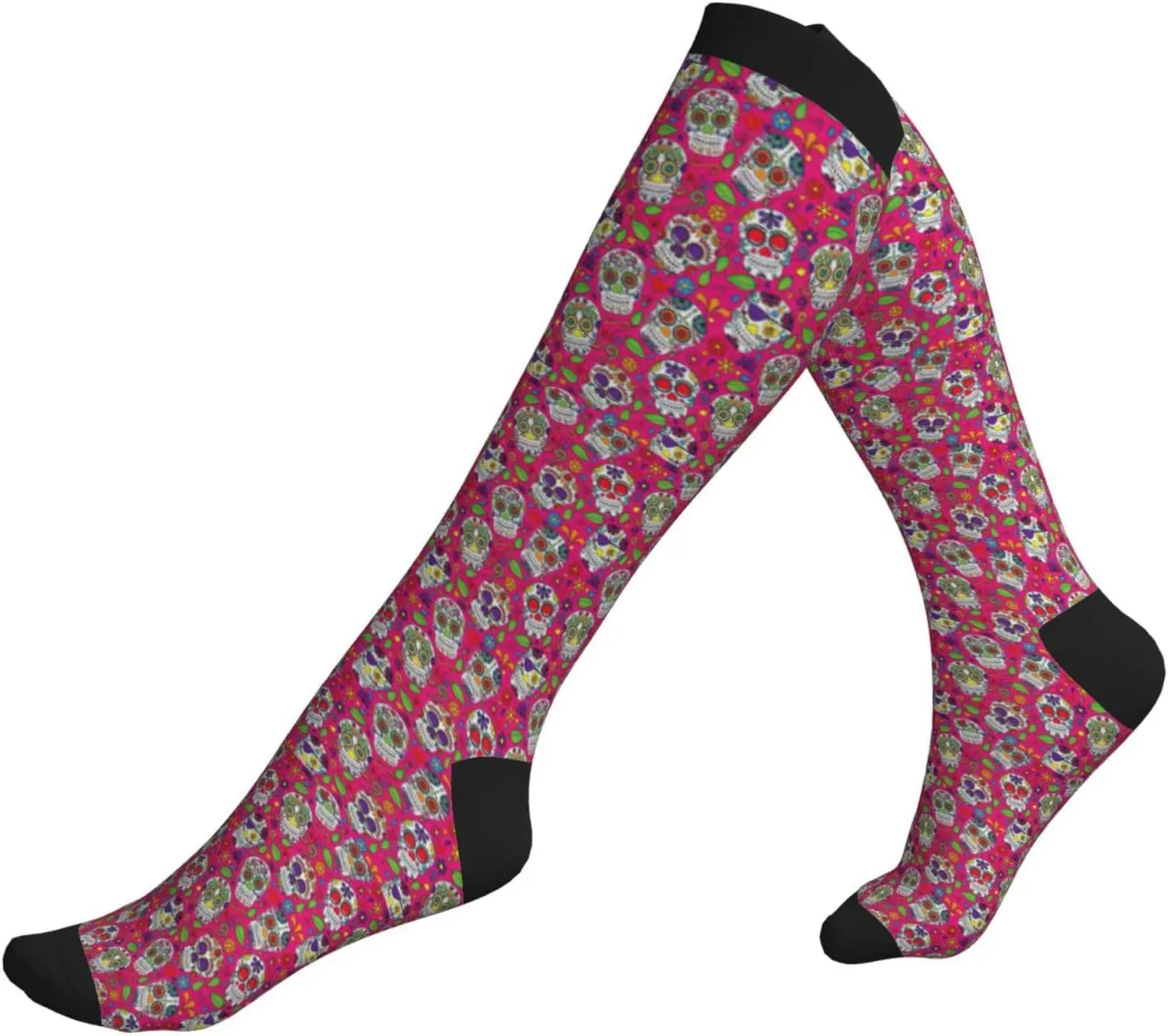 Skull and Green Leaves Print Circulation Compression Socks For Plantar Fasciitis Edema And Post Surgery