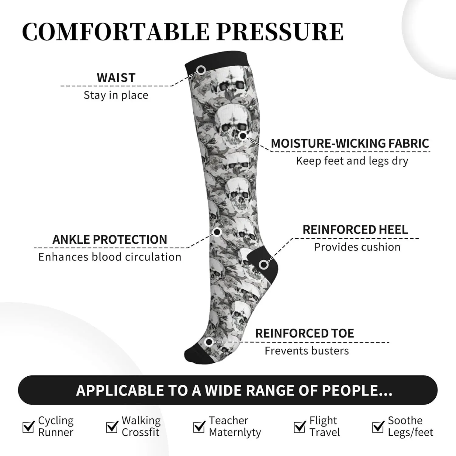 Skull Skeleton Print Circulation Compression Socks For Plantar Fasciitis Edema And Post Surgery