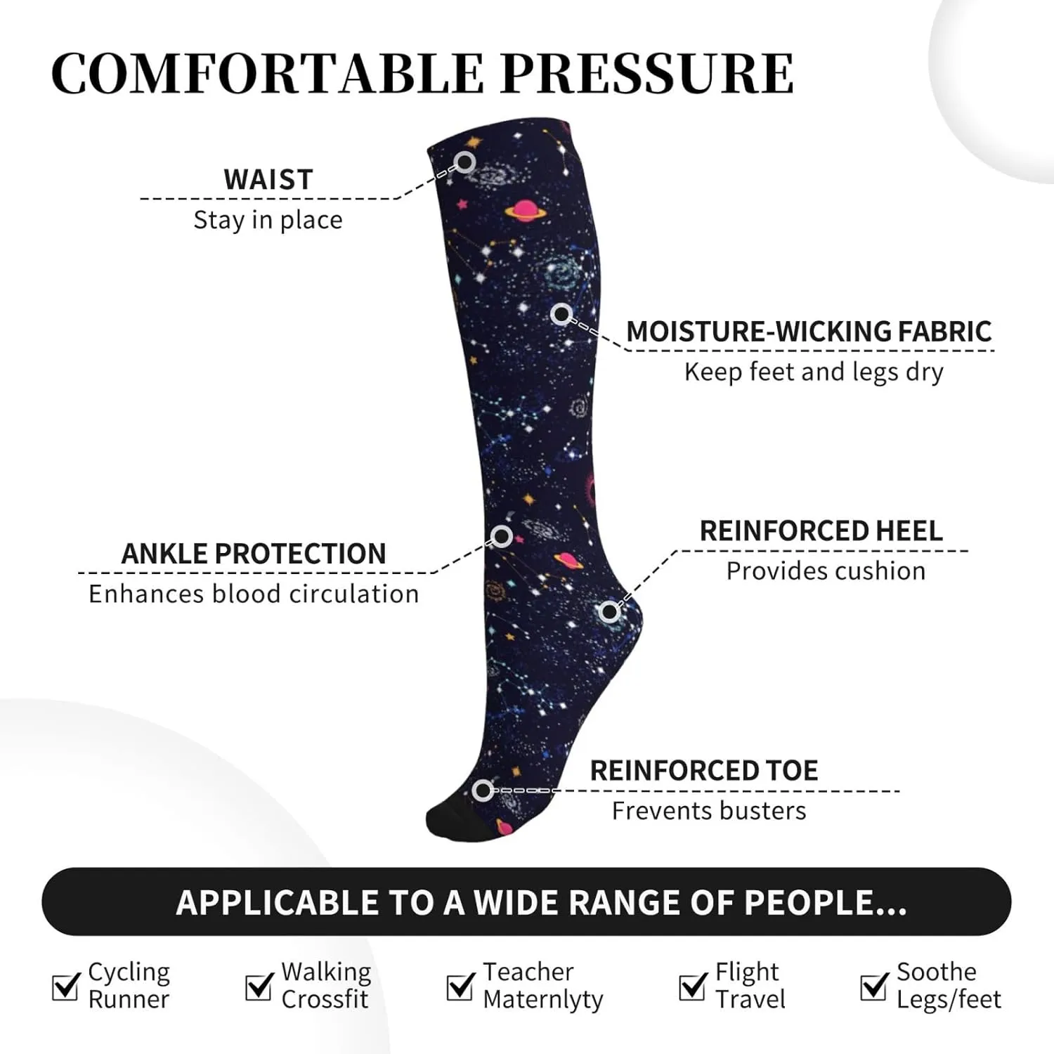 Star Constellation Map Print Circulation Compression Socks For Plantar Fasciitis Edema And Post Surgery
