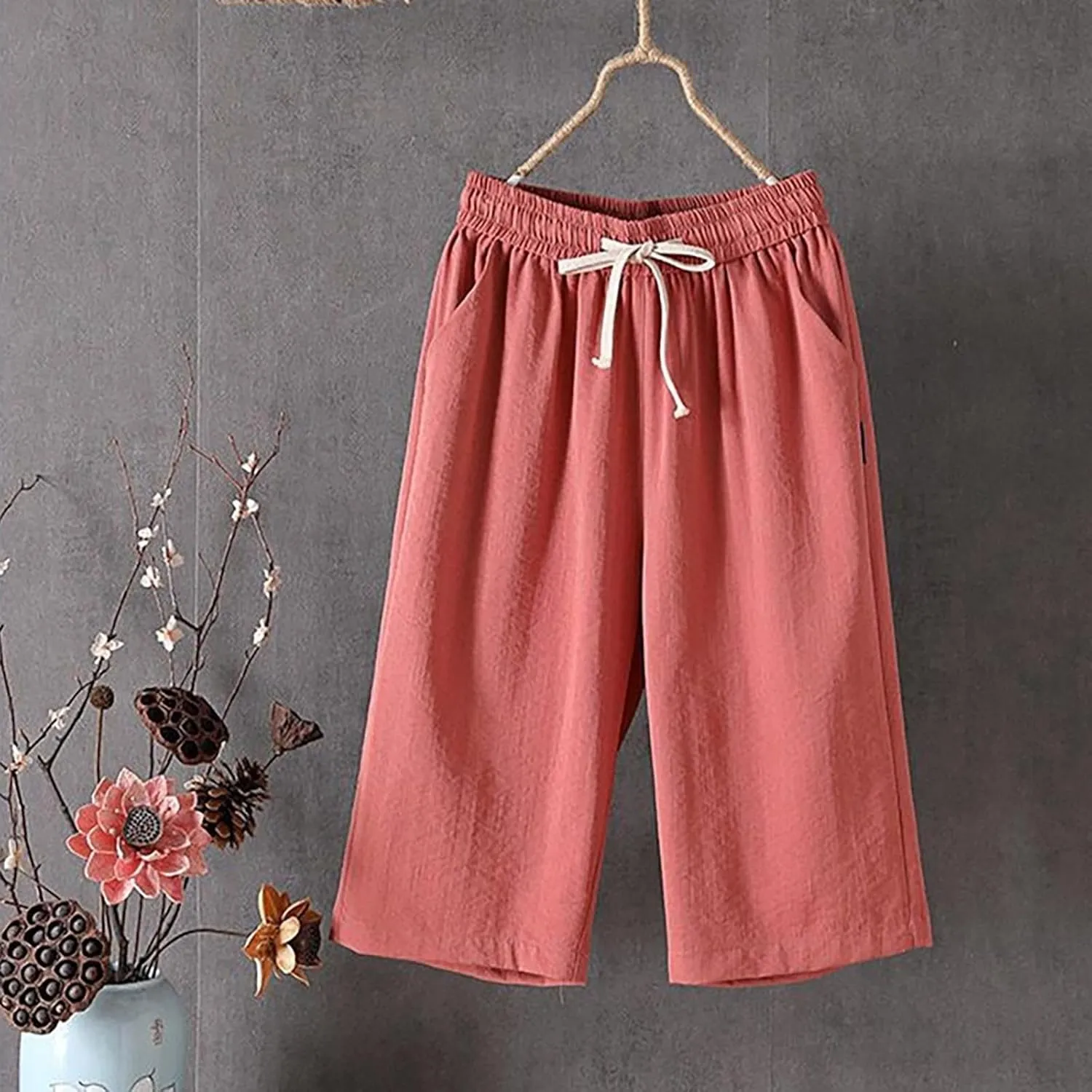 Straight Leg Sweatpants for Women Comfy Work Pants with Elastic High Waist Paper Boho Lounge Pants Baggy Palazzo