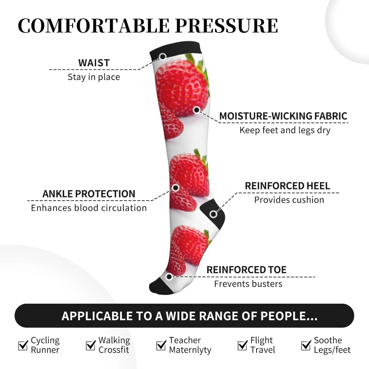 Strawberry Print Circulation Compression Socks For Plantar Fasciitis Edema And Post Surgery