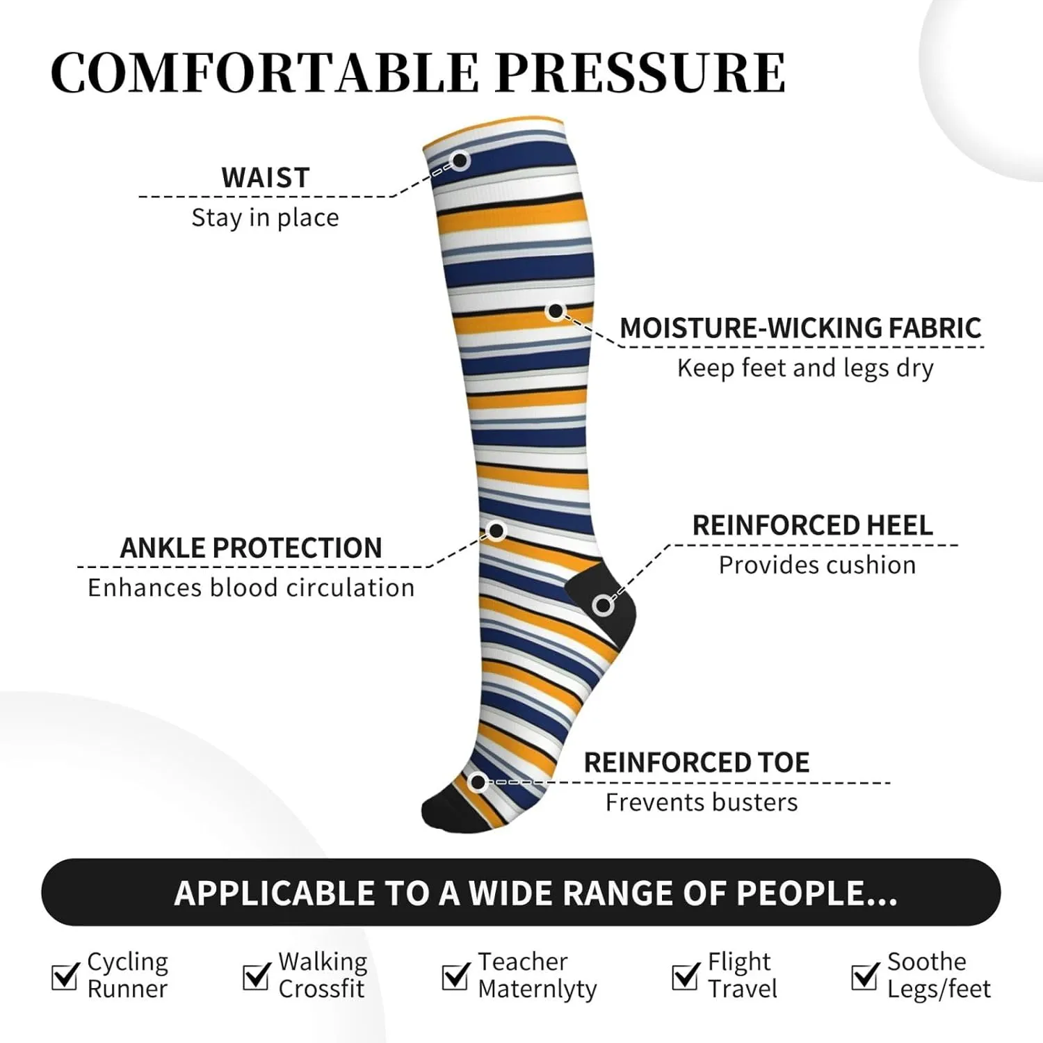 Striped Print Circulation Compression Socks For Plantar Fasciitis Edema And Post Surgery