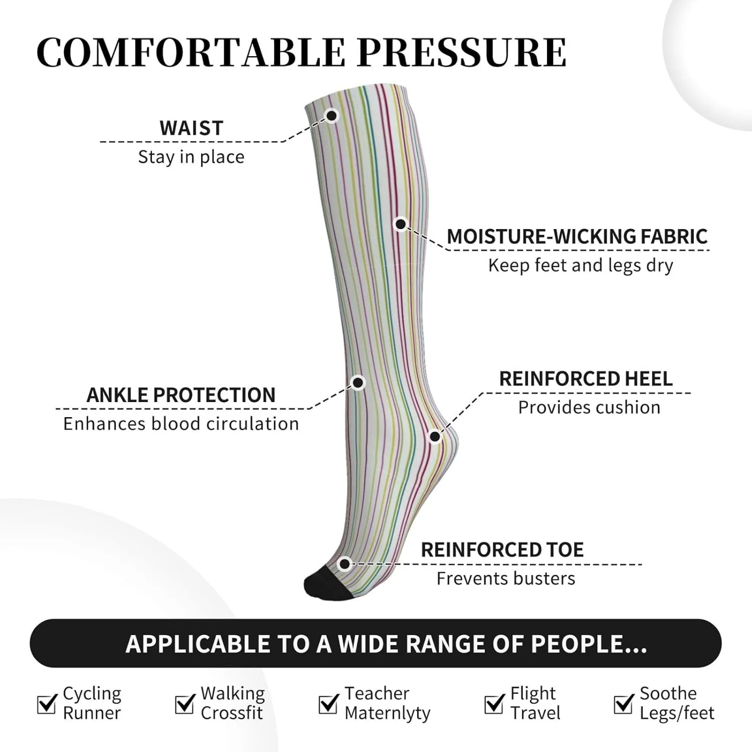 Striped. Print Circulation Compression Socks For Plantar Fasciitis Edema And Post Surgery