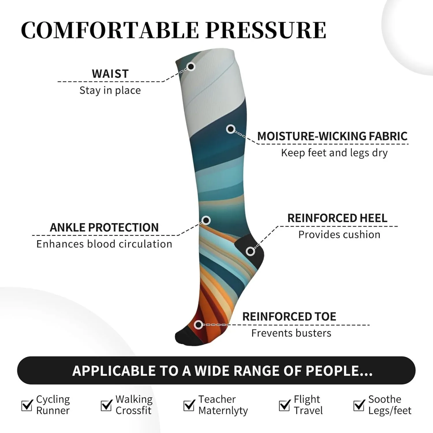 Striped Print Circulation Compression Socks For Plantar Fasciitis Edema And Post Surgery
