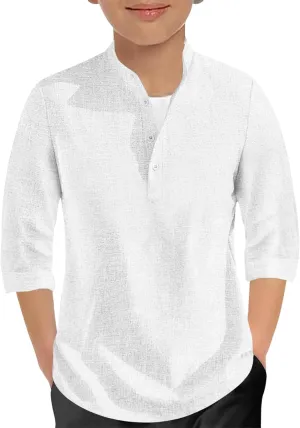 Sunborui Boys 3/4 Sleeve Linen Henley Shirts Summer Button Up Dress Shirts Casual Lightweight Tees Tops