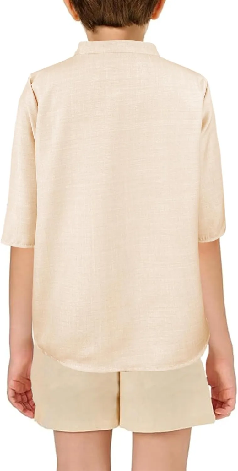 Sunborui Boys 3/4 Sleeve Linen Henley Shirts Summer Button Up Dress Shirts Casual Lightweight Tees Tops