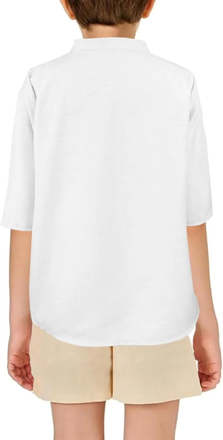 Sunborui Boys 3/4 Sleeve Linen Henley Shirts Summer Button Up Dress Shirts Casual Lightweight Tees Tops