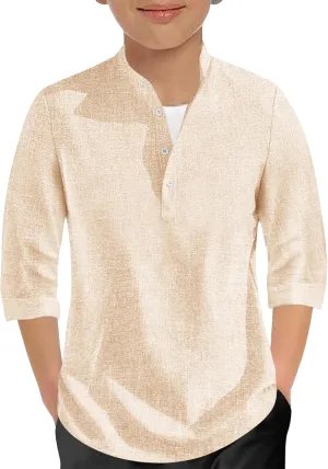 Sunborui Boys 3/4 Sleeve Linen Henley Shirts Summer Button Up Dress Shirts Casual Lightweight Tees Tops