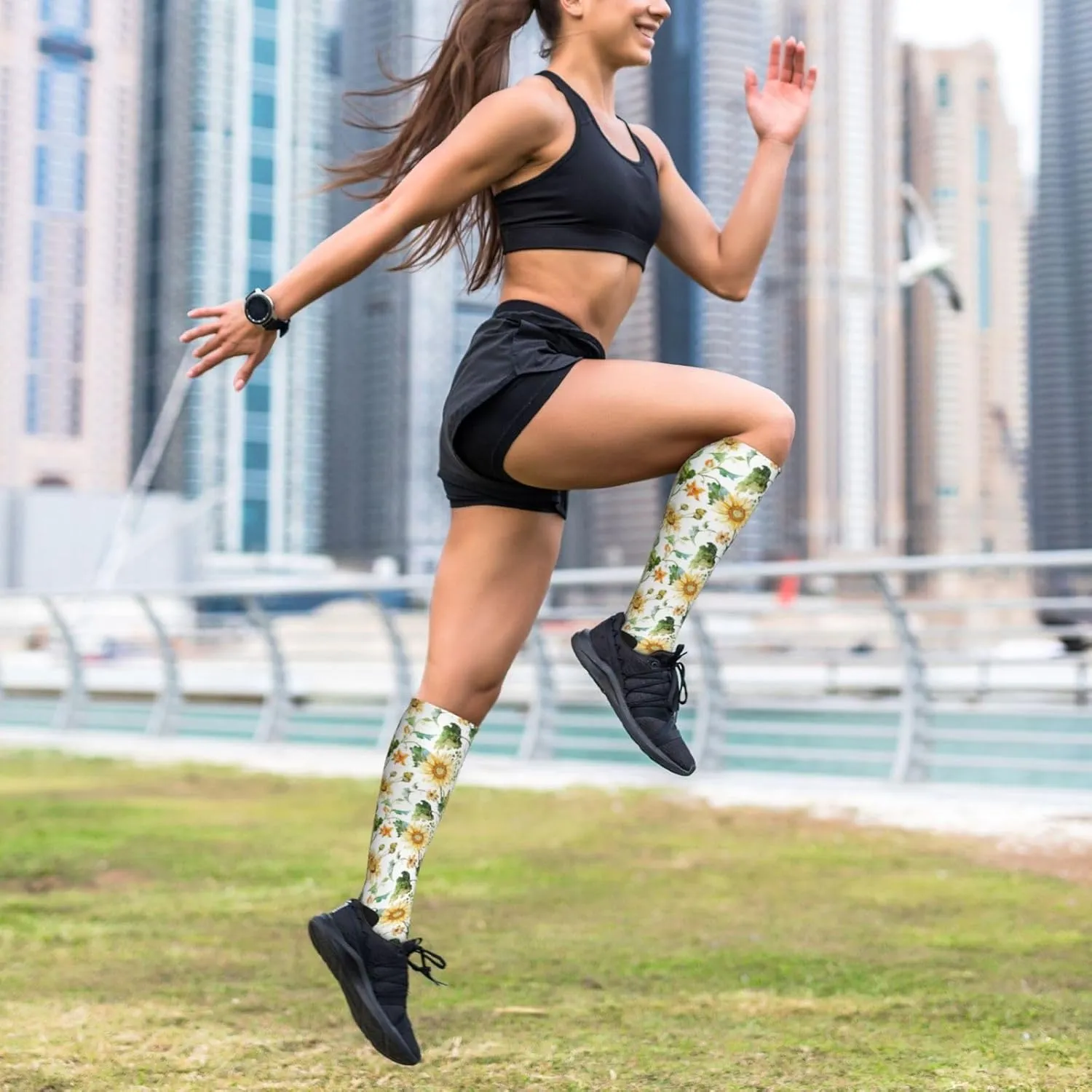 Sunflower and Corn Print Circulation Compression Socks For Plantar Fasciitis Edema And Post Surgery