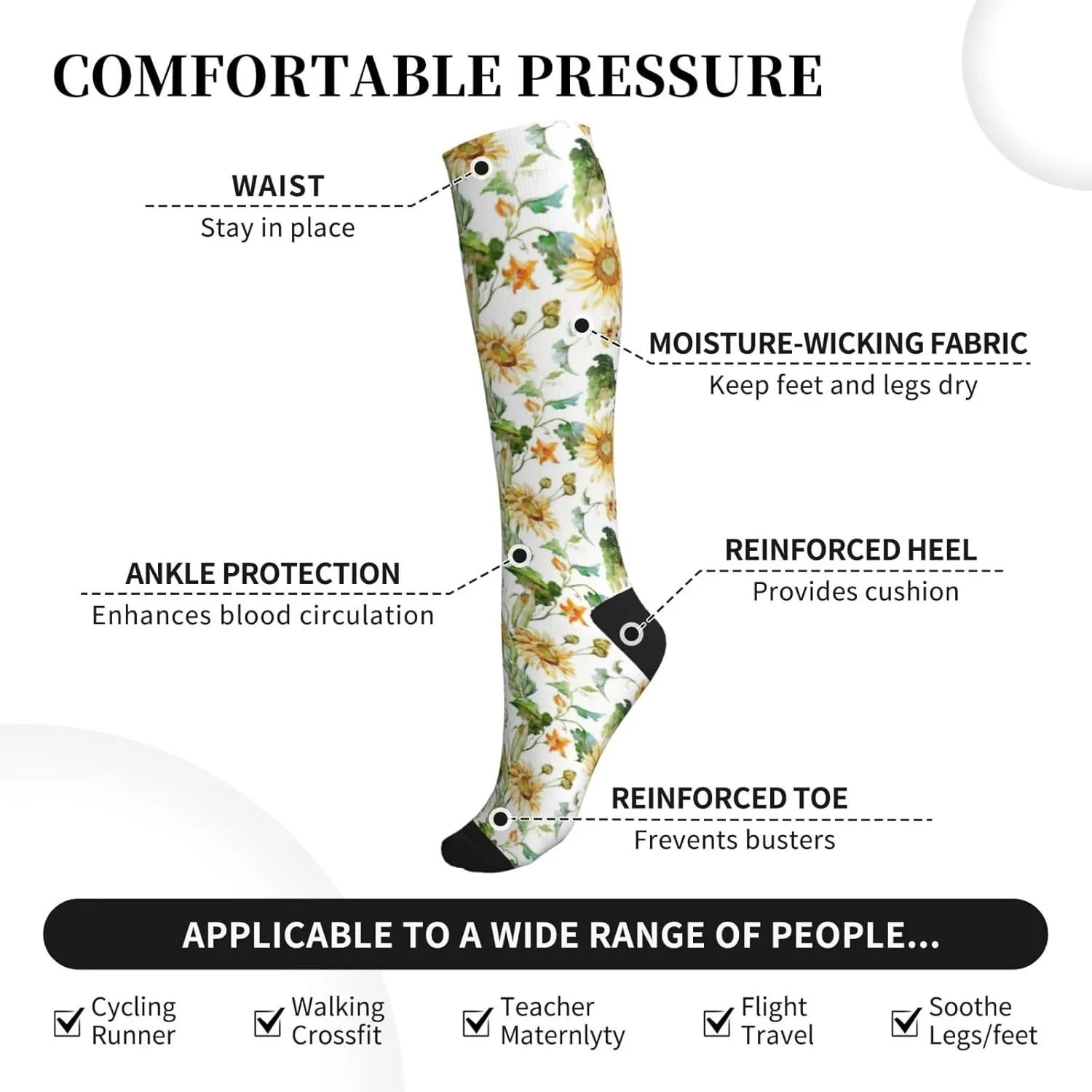 Sunflower and Corn Print Circulation Compression Socks For Plantar Fasciitis Edema And Post Surgery