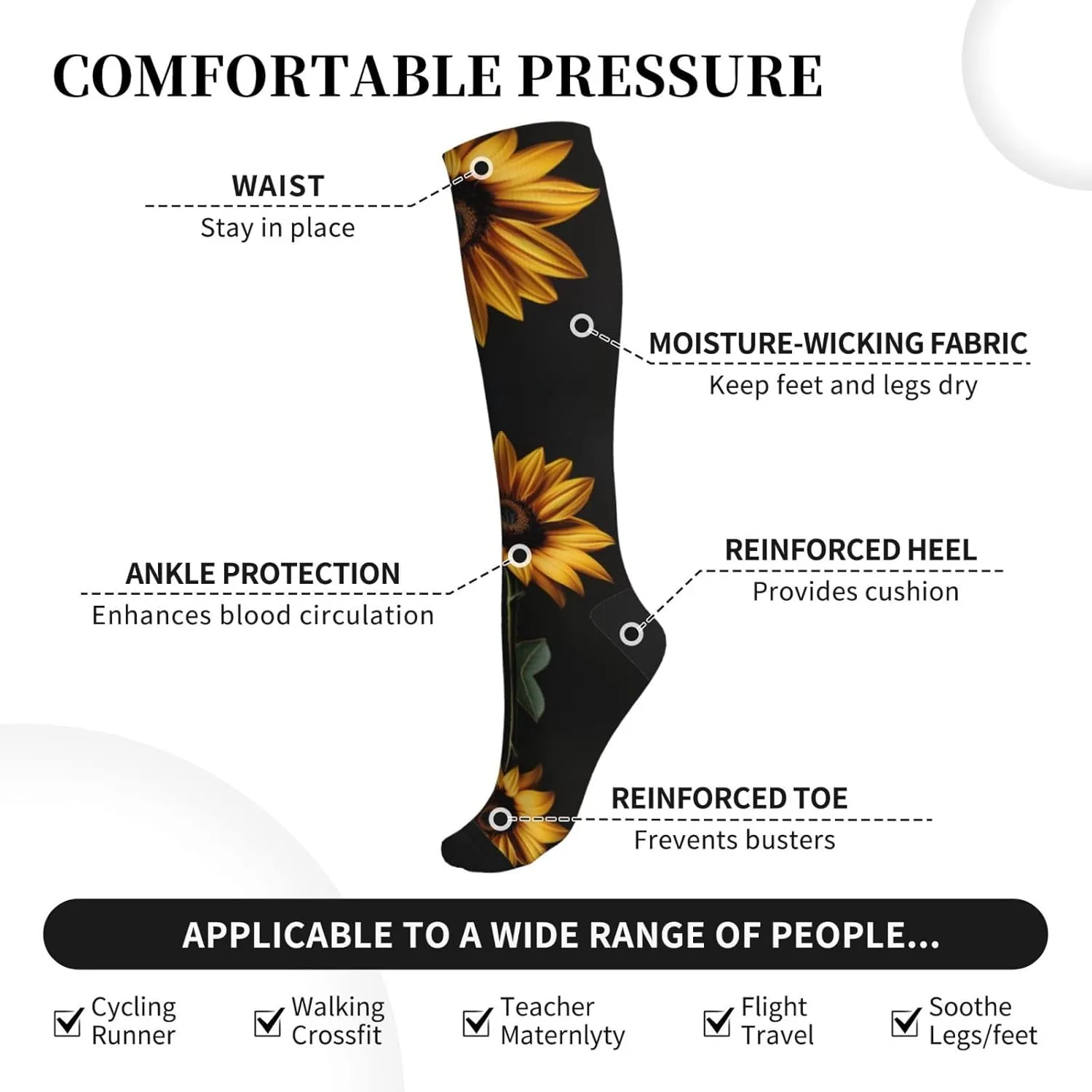 Sunflower Black Background Print Circulation Compression Socks For Plantar Fasciitis Edema And Post Surgery