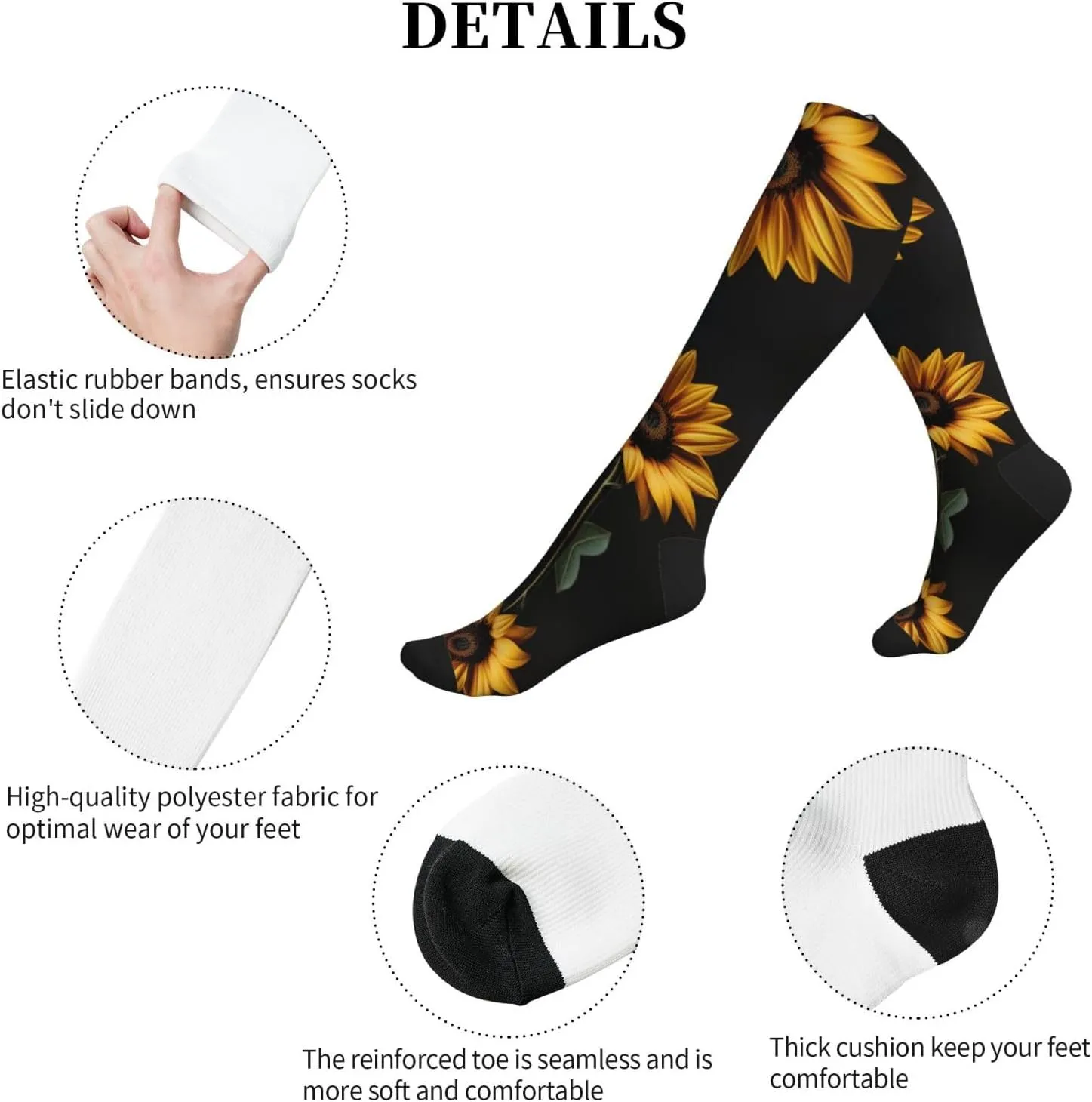 Sunflower Black Background Print Circulation Compression Socks For Plantar Fasciitis Edema And Post Surgery