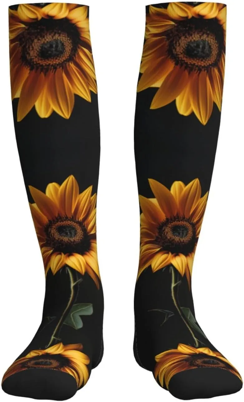 Sunflower Black Background Print Circulation Compression Socks For Plantar Fasciitis Edema And Post Surgery