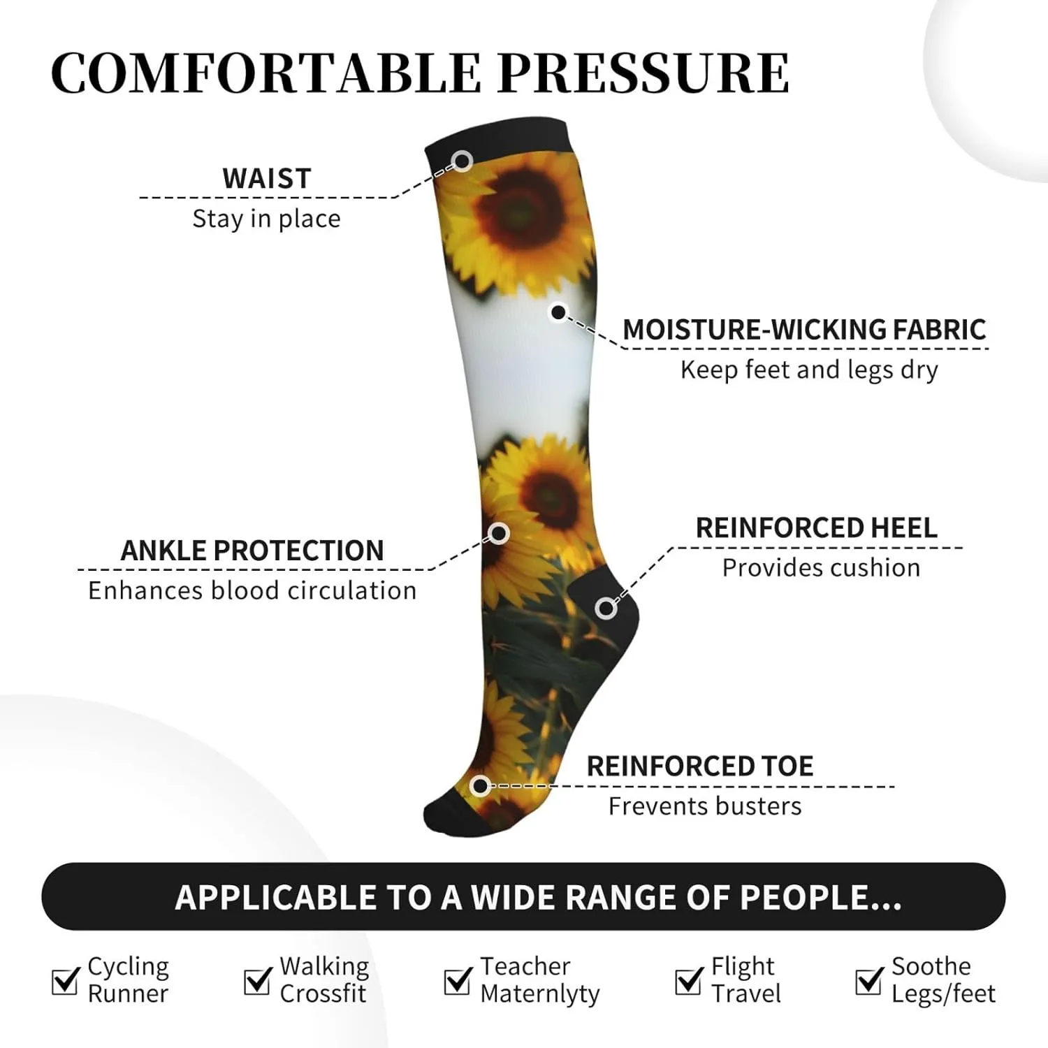 Sunflower Field Print Circulation Compression Socks For Plantar Fasciitis Edema And Post Surgery
