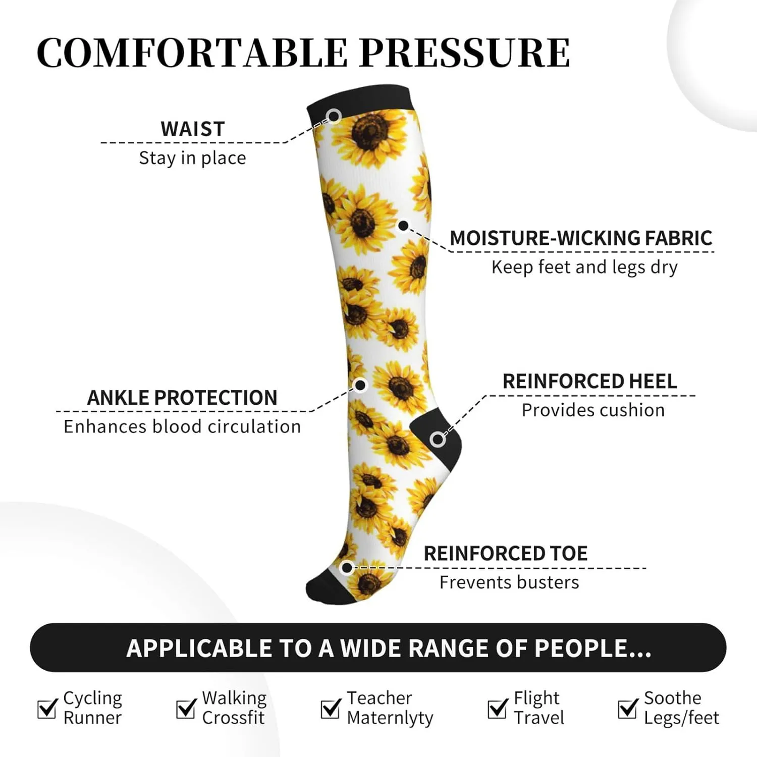 sunflower Print Circulation Compression Socks For Plantar Fasciitis Edema And Post Surgery