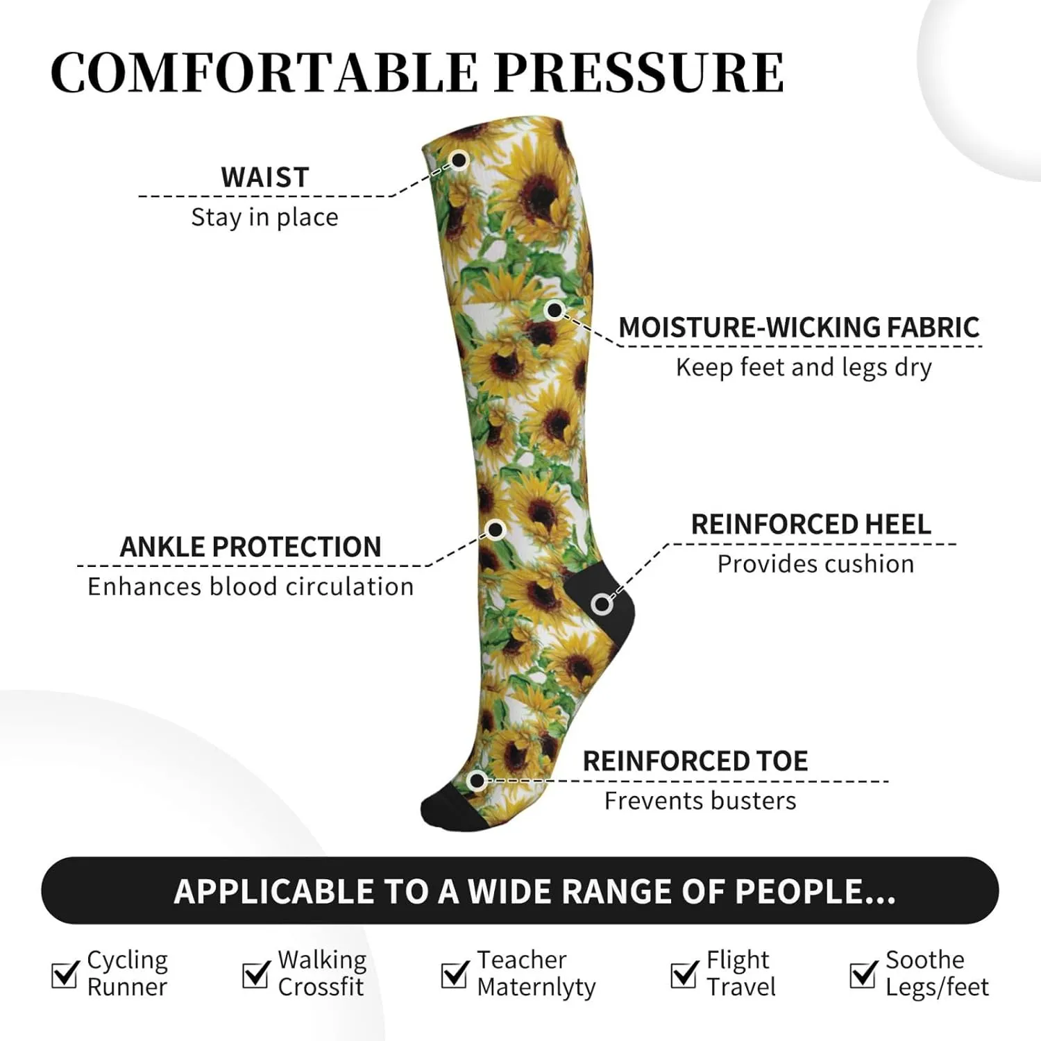 Sunflower. Print Circulation Compression Socks For Plantar Fasciitis Edema And Post Surgery