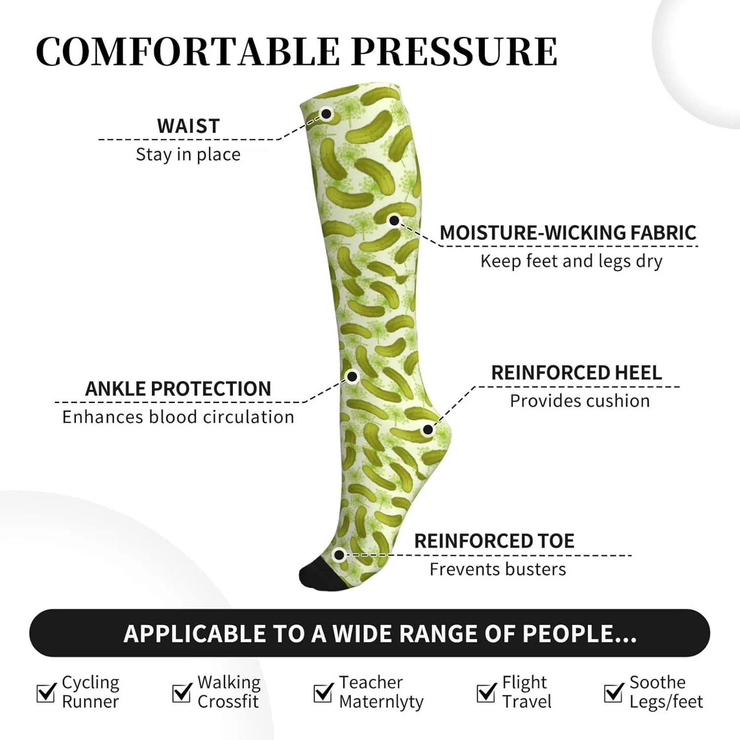 Sushi Dill Pickles Print Circulation Compression Socks For Plantar Fasciitis Edema And Post Surgery